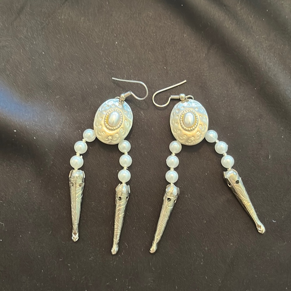 Western style pearl, and silver earrings
